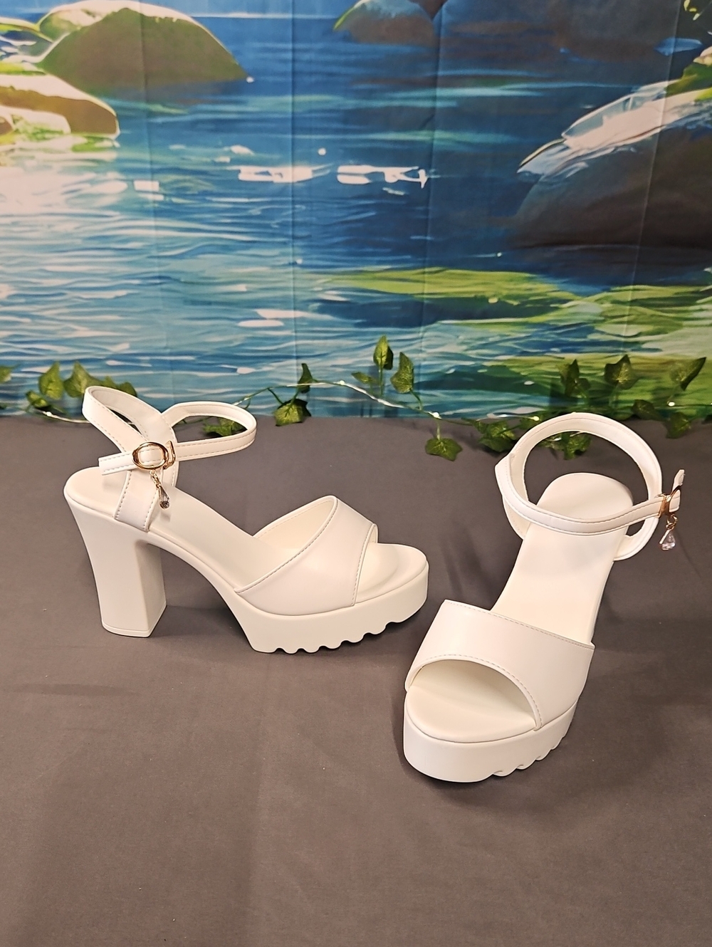 Women's White Platform Ankle-Strap Block Heels